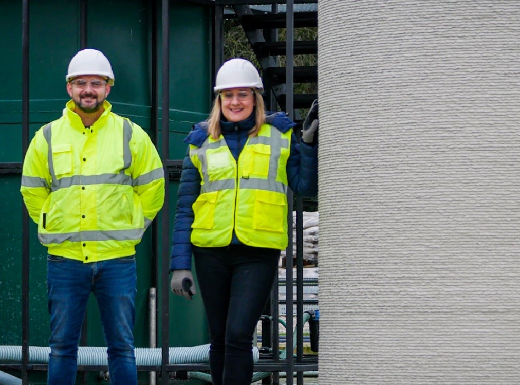 BetaDen manufacturing startup ChangeMaker3D based in Worcestershire. Natalie Wadley and Luke Wadley next to their 3D printed wastewater chamber on site for United Utilities in Cheshire]